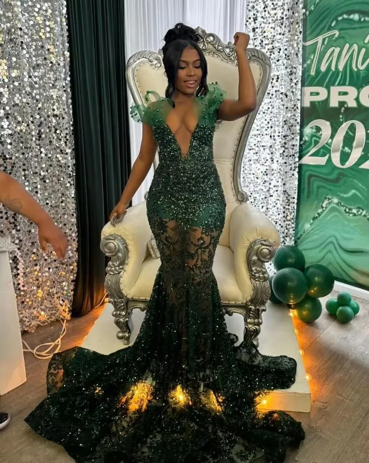 Customizde Emerald Green Lace Long Mermaid Večerné šaty pre čierne dievča Sparkly Applique Gillter Prom recepcie narodeninové šaty
