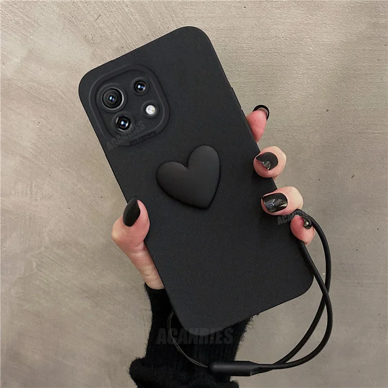 Cute 3D Love Heart Silikone Case On pre xiaomi mi 11 lite 5g 11Lite 12 mi12x mi12s pro 11t na šnúrku na zápästie kryt Mi11Lite 4G