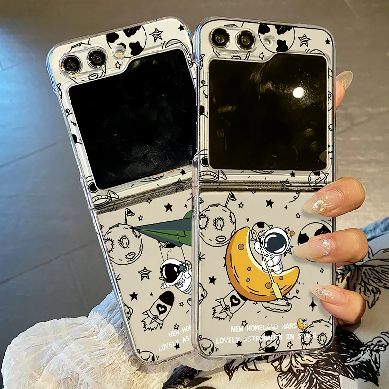 Cute Astronaut Pattern Telefón puzdro pre Samsung Galaxy Z Flip5 flip6 flip6 Hard PC Clear Skladací kryt pre Samsung Z Flip 6 5 4 3