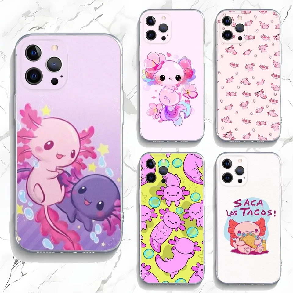 Cute Axolotl Pase Pase pre iPhone 15,14,13,12,11 Plus, Pro, Max, XR, XS, X, 7,8 Plus, SE, Mini Transparent Silikone Soft Soft