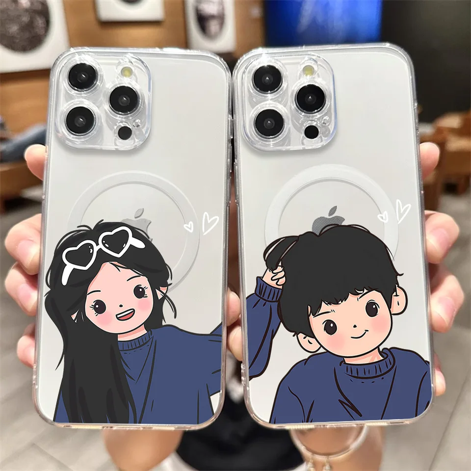 Cute Boy Girl pár telefónov pre iPhone 12 11 13 14 15 16 max pro plus priehľadný magnetický bezdrôtový kryt Magsafe