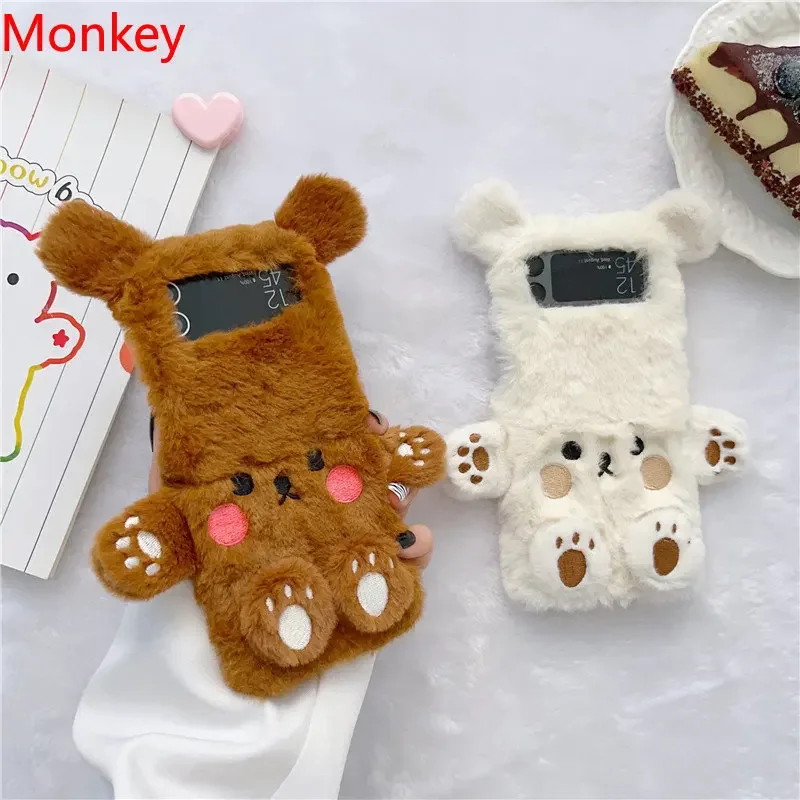 Cute Brown Bear Fur Puzdro pre telefóny pre Samsung Galaxy Z Flip 1 2 3 4 5 6 5G puzdro Zflip5 jeseň a zimný nárazový kryt puzdra