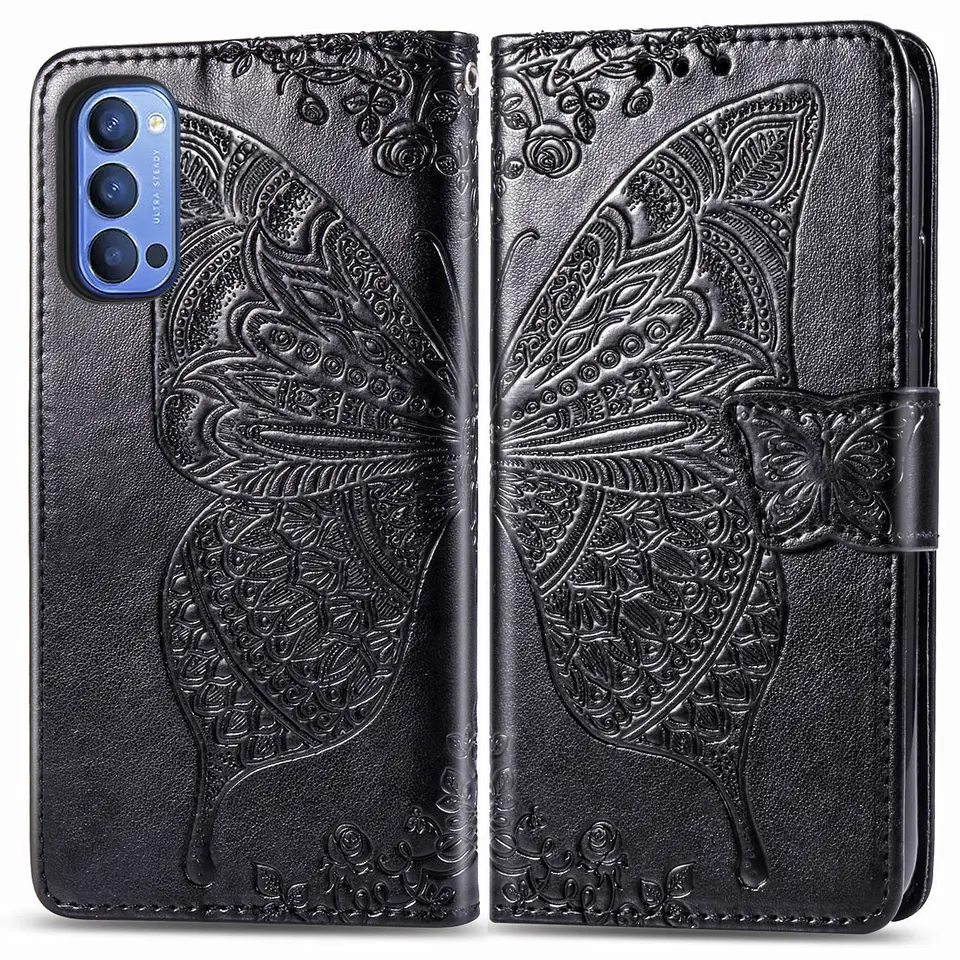 Cute Butterfly puzdro pre Oppo Reno4 (6.4in) 2020 Kryt Flip Leather Wallet Book Black Telefón Bag Reno 4 CPH2113 BBK 2113