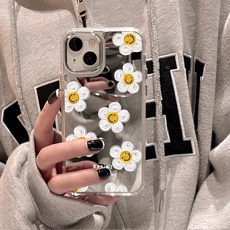 Cute Daisy Pattern Telefón puzdro pre iPhone 14 16 Pro Max Mirror Case pre iPhone 15 11 12 13 14 Pro Max x x XS Max