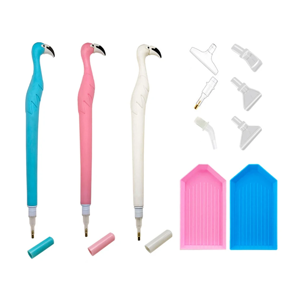 Cute Flamingo Diamond Painting Pen so 6 vŕtacími perami, ktoré vyberajú hlavy a 2 zásobníky 5D diamantové maľovanie pero pre domácich majstrov Diamond Art Craft