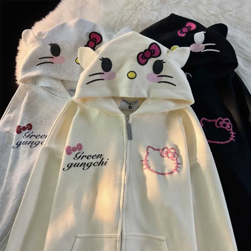 Cute Hello Kitty Cardigan Jacket Loost Fitting Žena nadmerne veľkú kapucňu jar a jesenné oblečenie Dievčatá Coats 2025