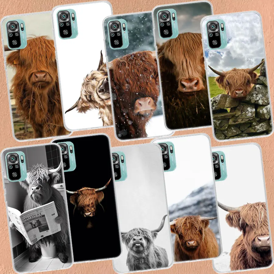 Cute Highland Cow Telefon Case pre Xiaomi Redmi Note 11 12 Pro Plus 10 9 8 7 12S 11T 11S 11E 10S 9T 8T 9S 4G 5G CAPA COQUE