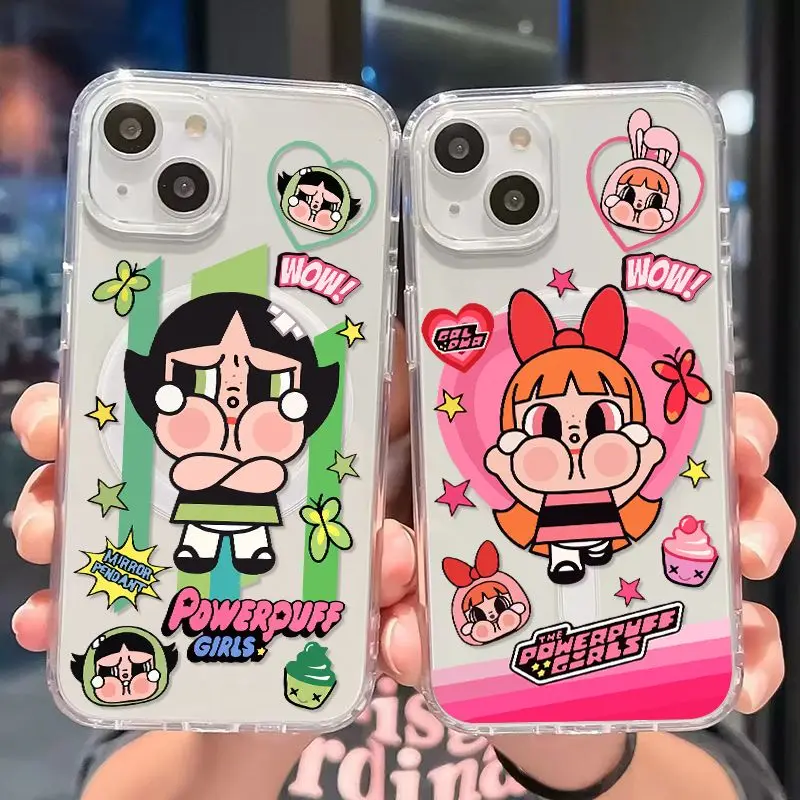 Cute Magsafe Magnetic Pase pre puzdro pre P-PowerPuffs Girls iPhone 16 15 14 13 11 8 7 Plus Pro Max xr xr xsmax Soft Clear Cover