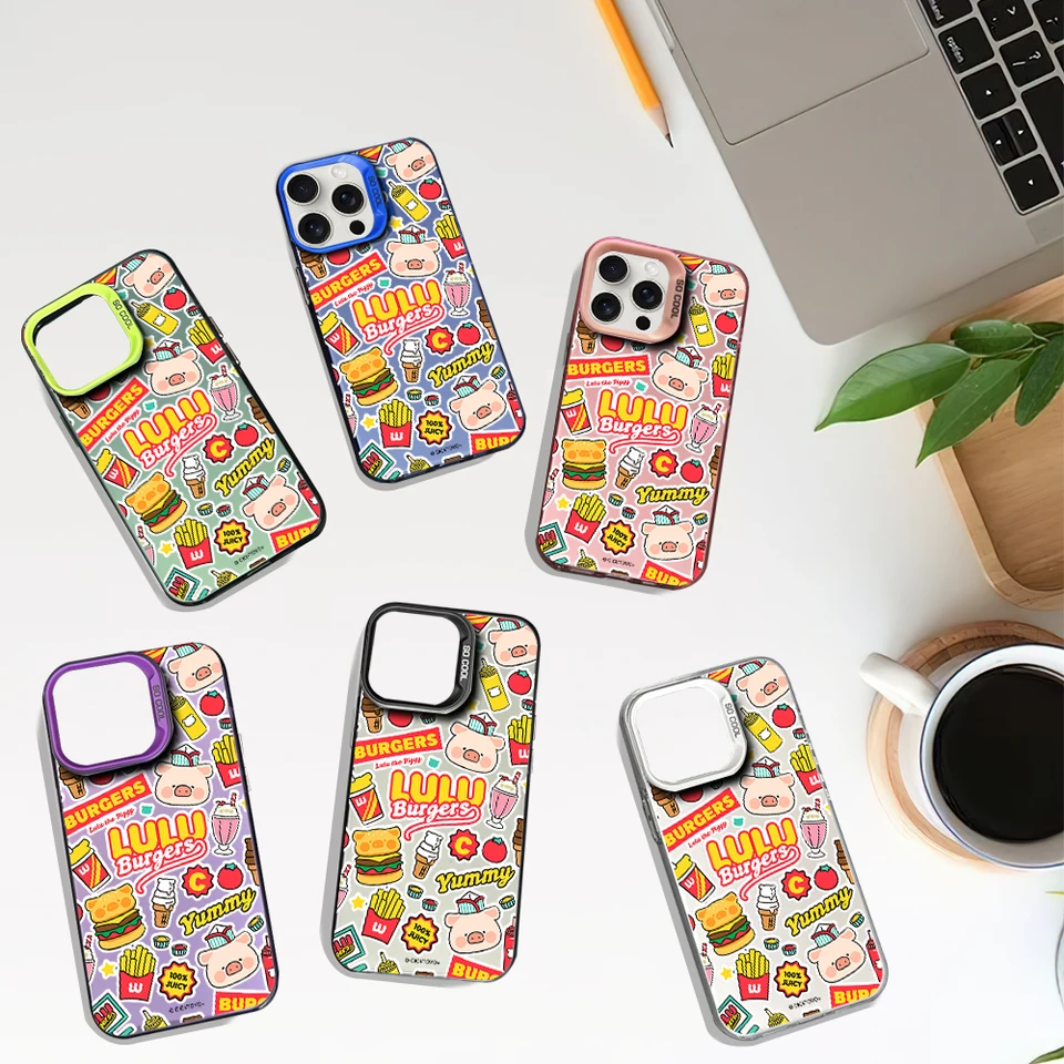 Cute Pig L-Lulu Burger laserový puzdro pre iPhone 12 11 13 14 15 16 16 Pro Plus Plus IMD Shock odolný Silikone Coque