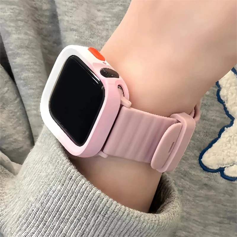 Cute Pink Gradient Case + Band for Apple Watch 9 SE 8 7 6 5 4 Dievča Soft Silikone Strap pre iwatch 41 mm 49 40 mm 44 45 Ultra