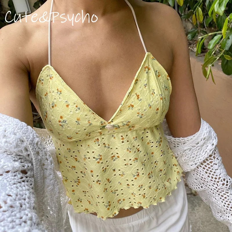 CuteAndpsycho Floral Print Y2K Camisole Backless Chic Sexy ohláňací krk vrcholy harajuku módne estetické žlté oblečenie pre ženy