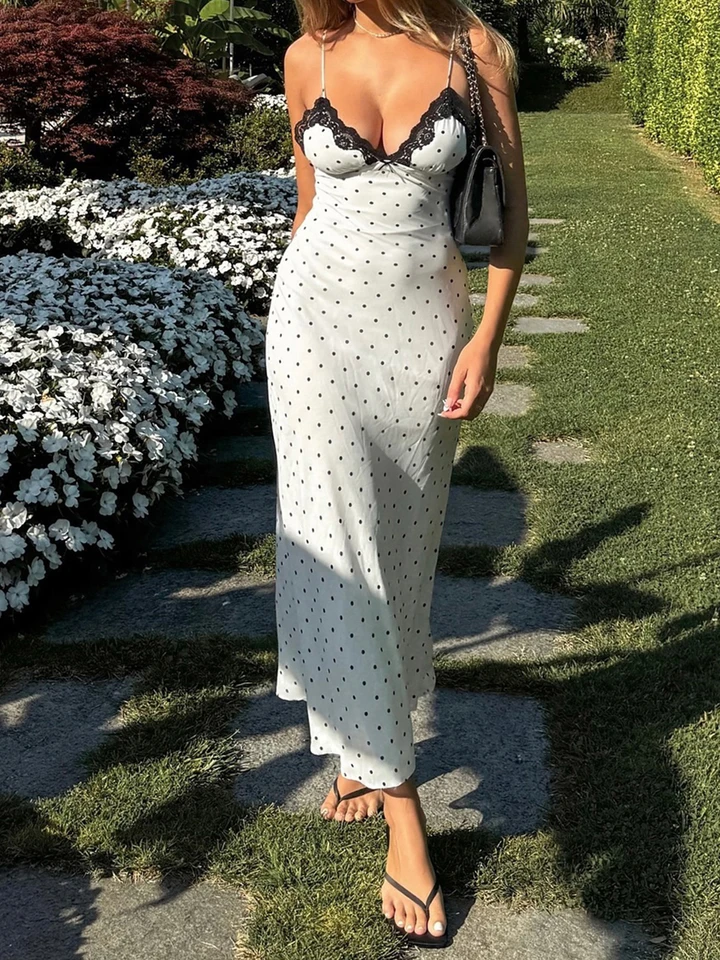 CuteAndpsycho Lace Polka Dot Dot Spaghetti Strap Chatses Sexy Hot Sweet Sweet bez rukávov bez rukávov Y2K Estetické kórejské módne ženy oblečenie