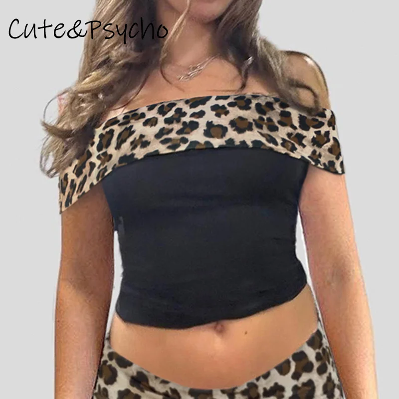 CuteAndpsycho Slash Crck Slim Crop Tirls Leopard Print Y2K Vintage Dámske topy Tops Fairycore estetické 90. roky grunge elegantné oblečenie