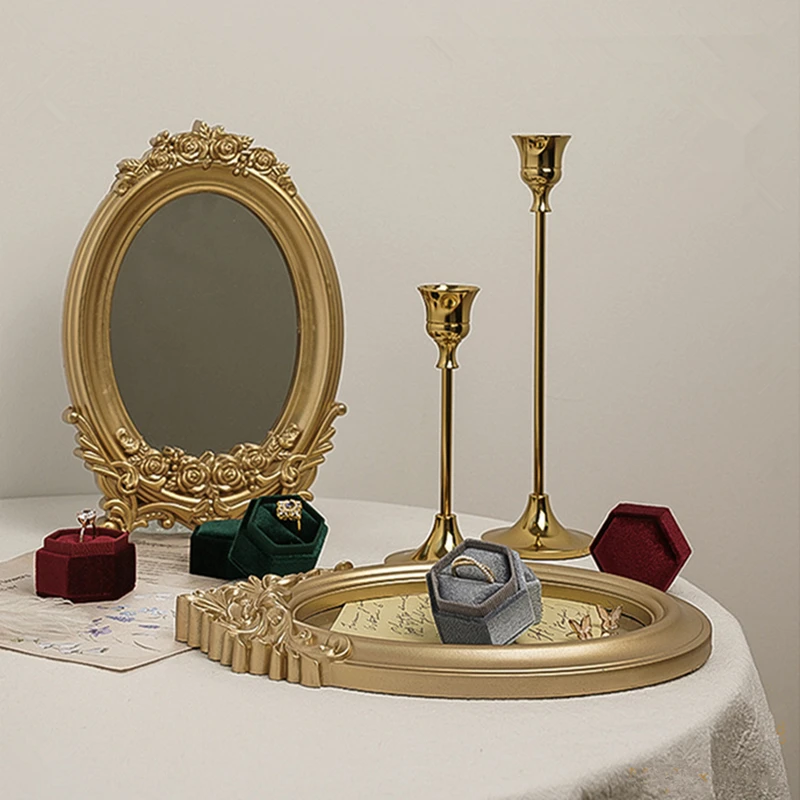 CuteLife Ins Nordic Gold Resin Malé okrúhle stolové zrkadlo podnos vintage spálňa make -up stojaci domov dekoratívne