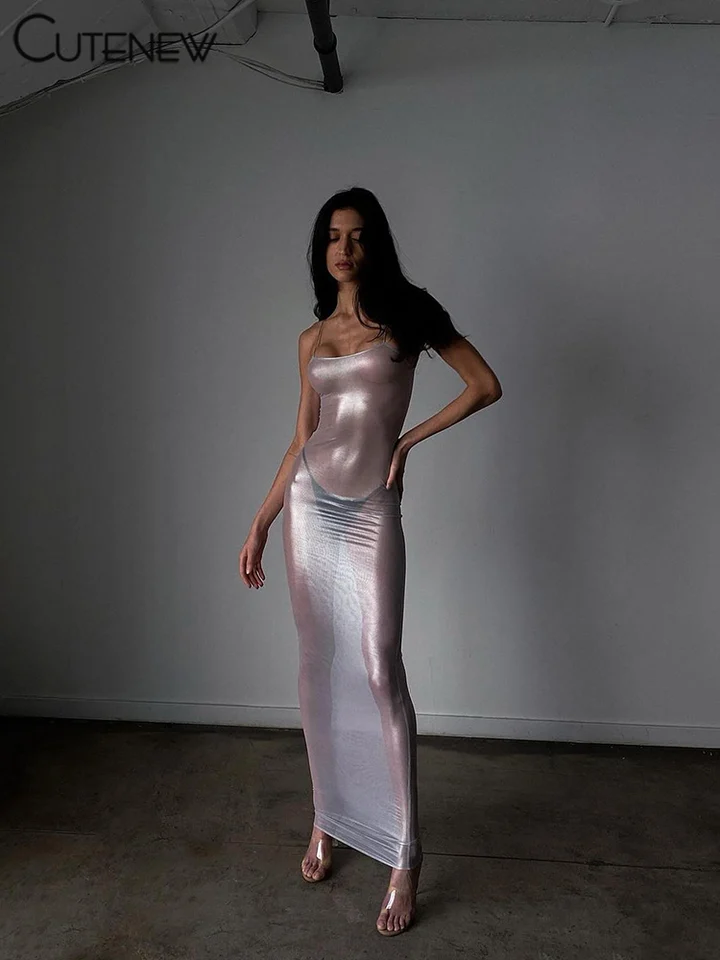 Cutenew Dámske sexy Shee Sheer Gáze šaty podväzky bez rukávov dlhé šaty letné polnočné párty horúce dievča módne oblečenie Vestido