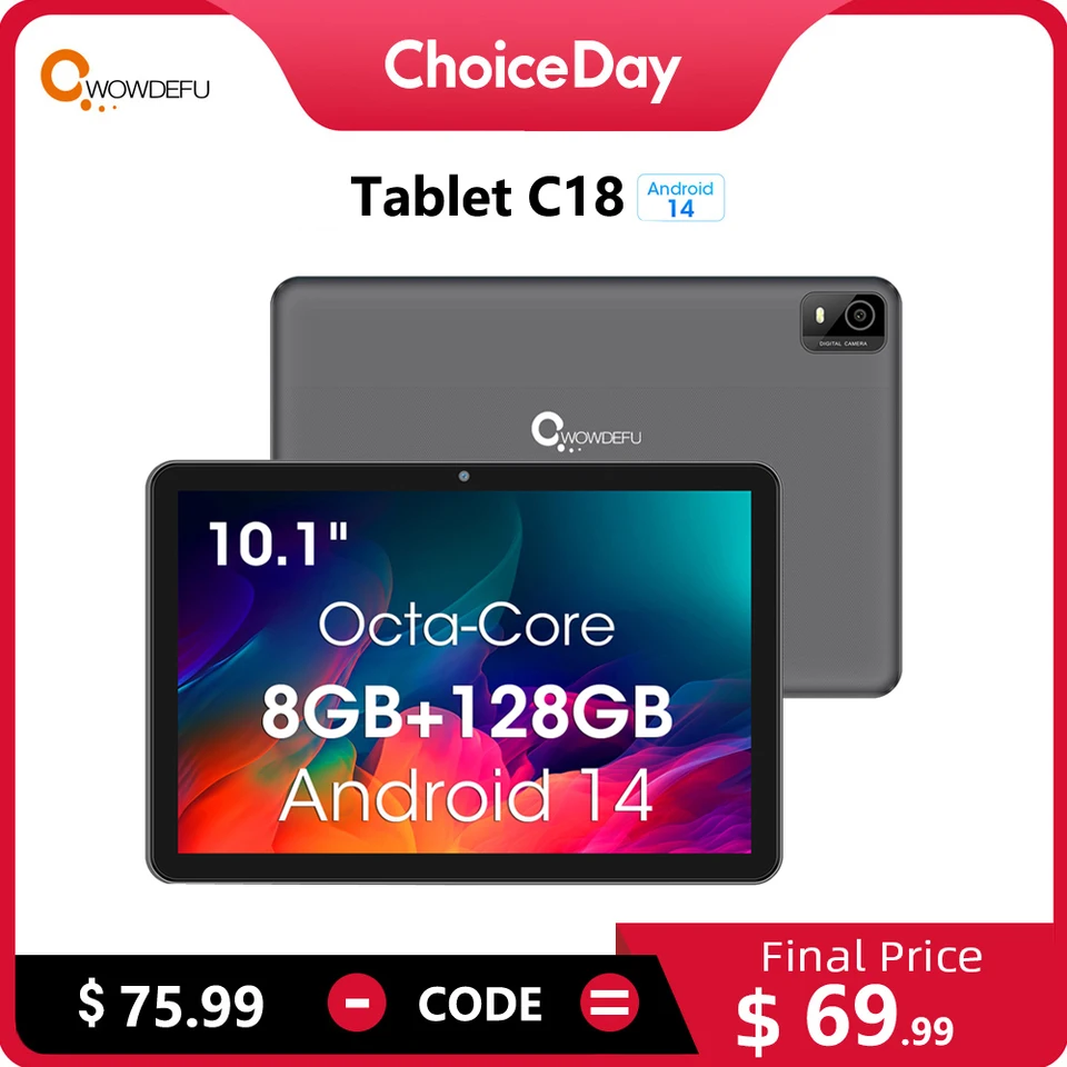 Cwowdefu Android 14 Tablet 10.1-palcový Octa-Core 8 GB RAM 128 GB ROM 6000MAH TYP-C Certified WIFI6 5MP+8MP CAMS Tablet PC
