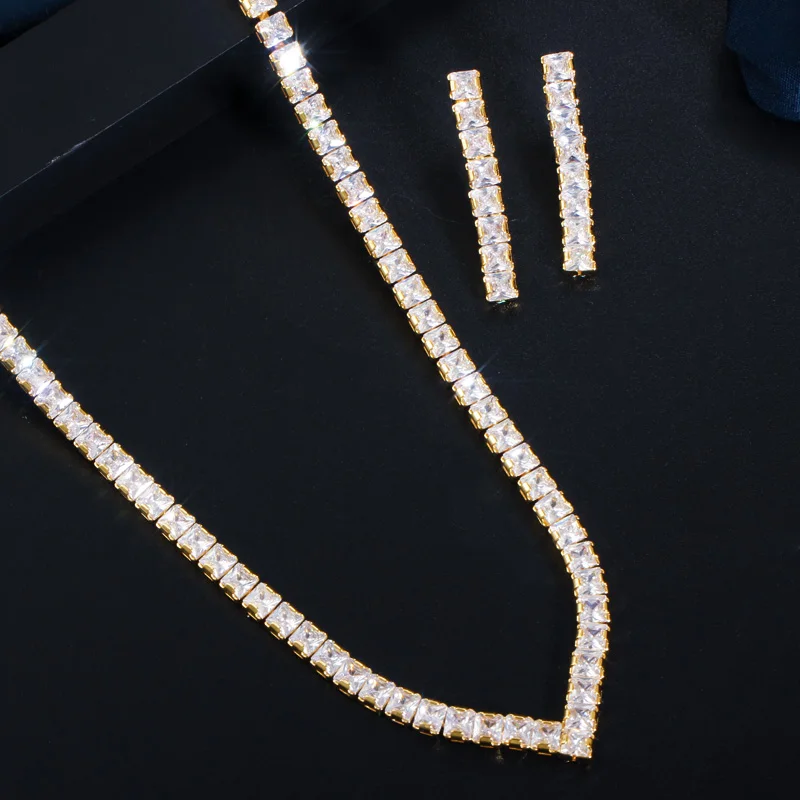 Cwwzircons veľmi lesklý kubický zirkónia dláha žltá zlatá farba žien Party Choker náhrdelník a náušnice Nevesty šperky T421