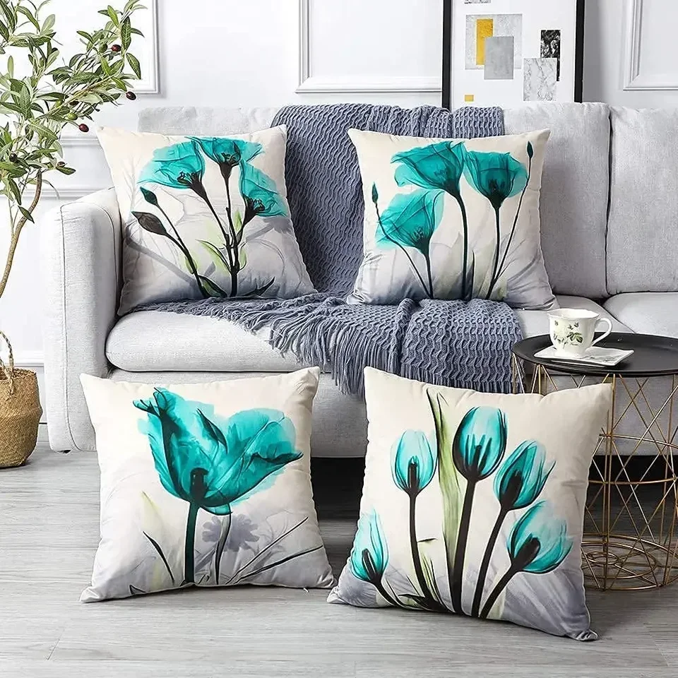 Cyan Watercolor Flower Linen vankúšik čalúnenia, dekor vankúša, pre pohovku, auto, spálňa 40x40 45x45 50x50 60x60