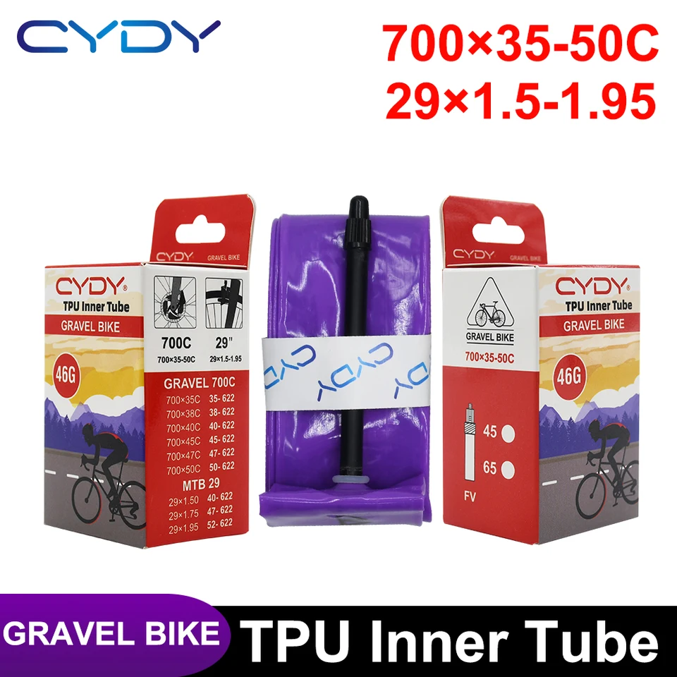 Cydy Road Bike 700c TPU Vnútorná trubica 700x35 38 40 45 47 50C Camera Pneumatika Francúzsky ventil 45/65 mm MTB MTB Pneumatika bicyklov 29x1.5 1,75 1,9