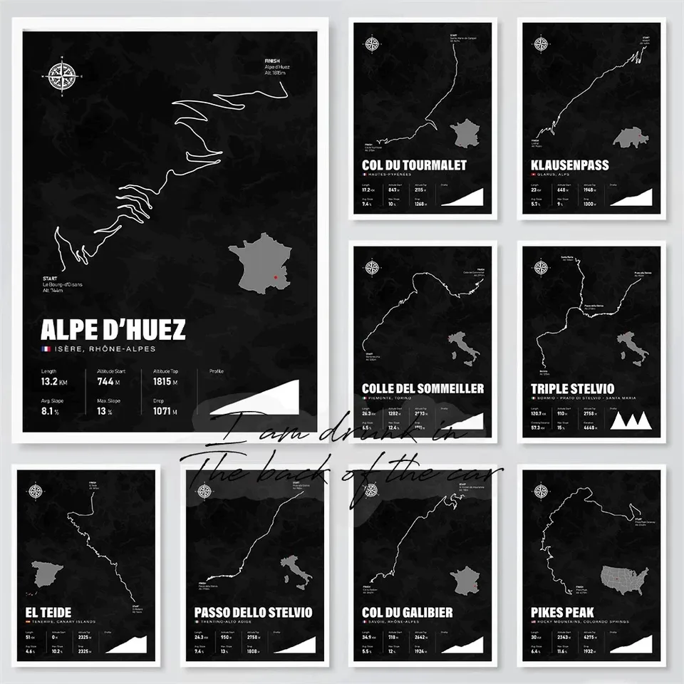 Cyklistické výstupy tmavé plagát Canvas tlač Alpe d Huez France mapa nástenné umenie dekora