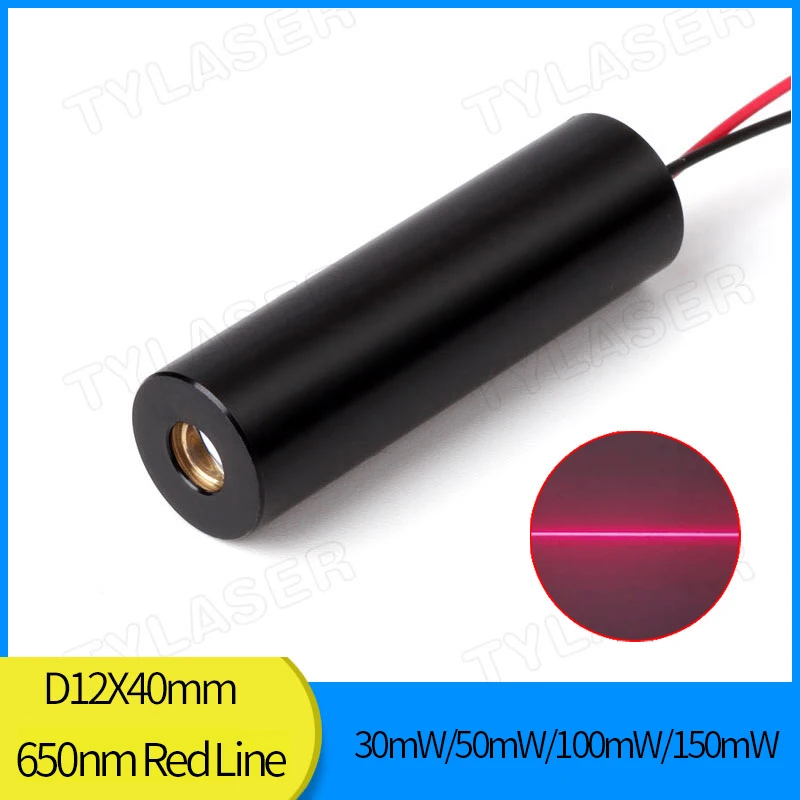 D12x40Mm sklenená šošovka 650nm Červená čiara 30MW 50MW 100MW 150MW laserový diódový modul pre polohovanie kameňa polohovanie Tylaserov