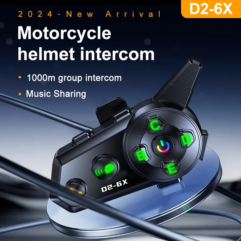 D2-6X Motocyklová interkomová prilba Bluetooth Headset 6 Riders 1000m Komunikátor Nepremokavý