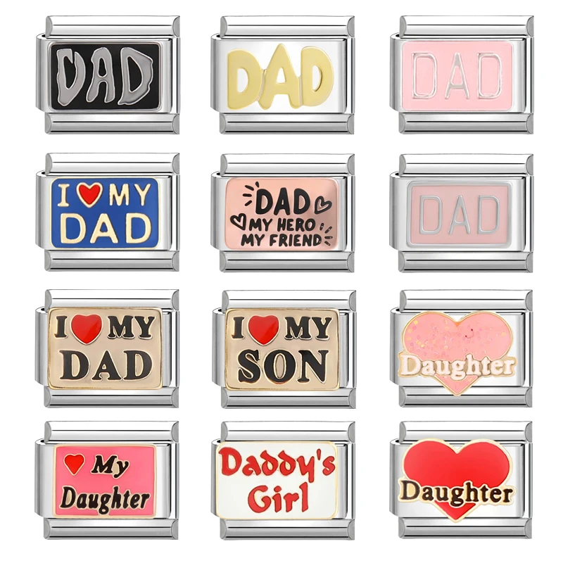Dad Mama Love Heart Talianske kúzlo Links z nehrdzavejúcej ocele Fit 9 mm náramok výroby DIY šperky Deň matiek Deň otcov darčeky