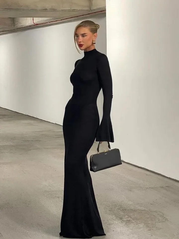 Daenerys Res Spring Summer Fashion Dámske šaty Sexy pevné bez backcon Bodycon High Golier Long Flare Ruckve Chic Vestidos 2024
