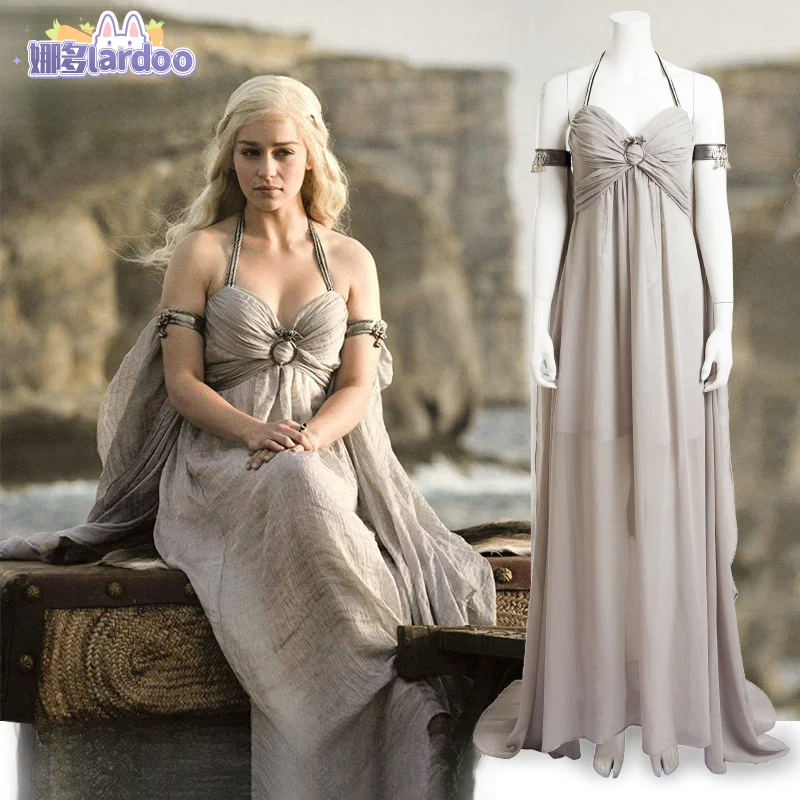 Daenerys Targaryen Cosplay kostým Halloween Queen Costume s mysom dlhé biele šaty vintage gotická princezná šaty kostým