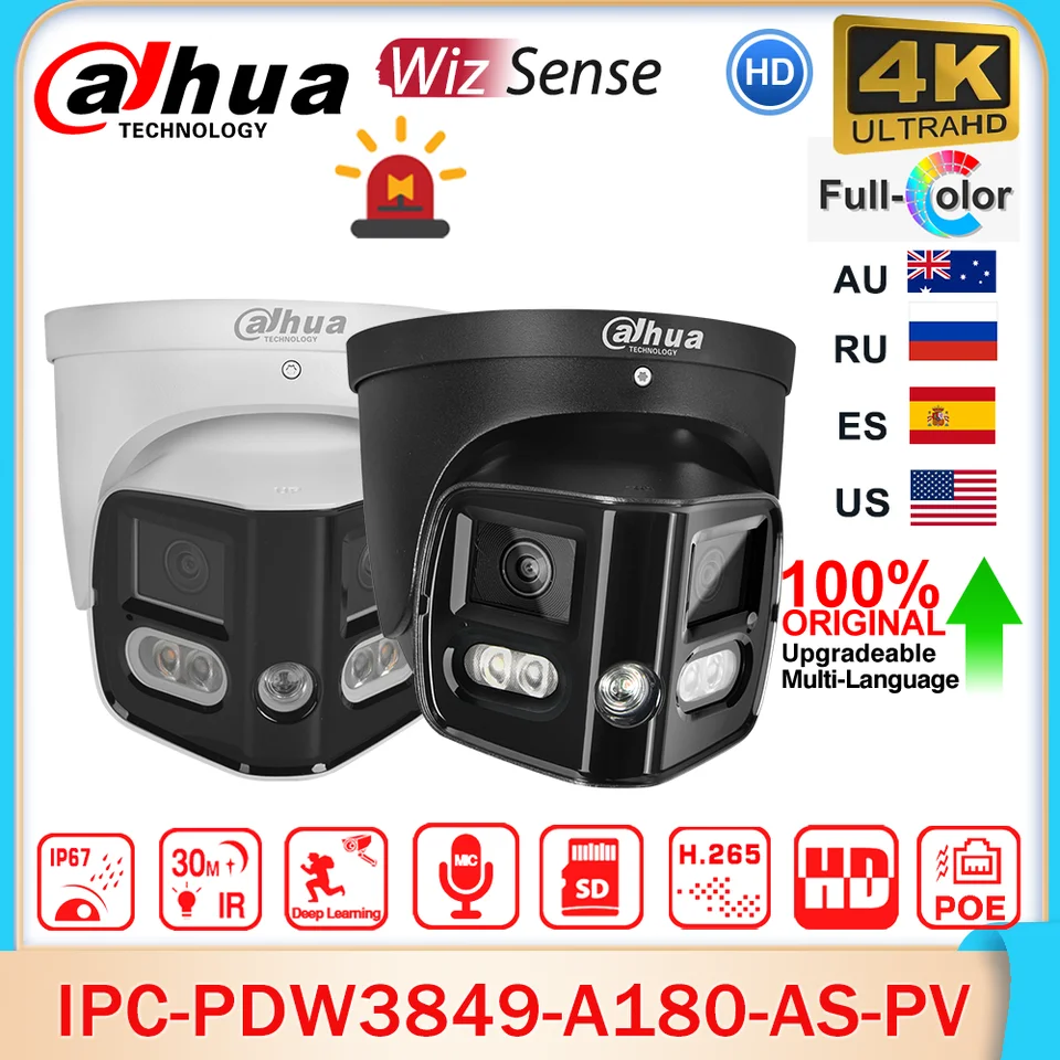 Dahua IPC-PDW3849-A180-AS-PV 2x4MP TIOC Duo Zosilnenie s pevnou focalou siete Wizsense siete 180 ° 8MP zvuk a svetlo CCTV