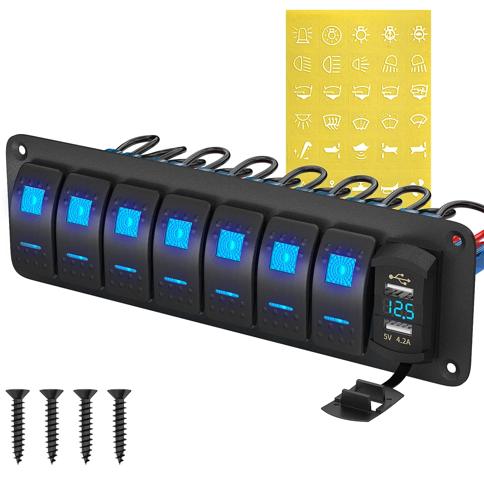DaIertek 7 Gang Rocker Switch Panel Panel Marine Boat Switch Panel nepremokavý s nabíjačkou USB Voltmeter pre automatické vertikálne kamión UTV
