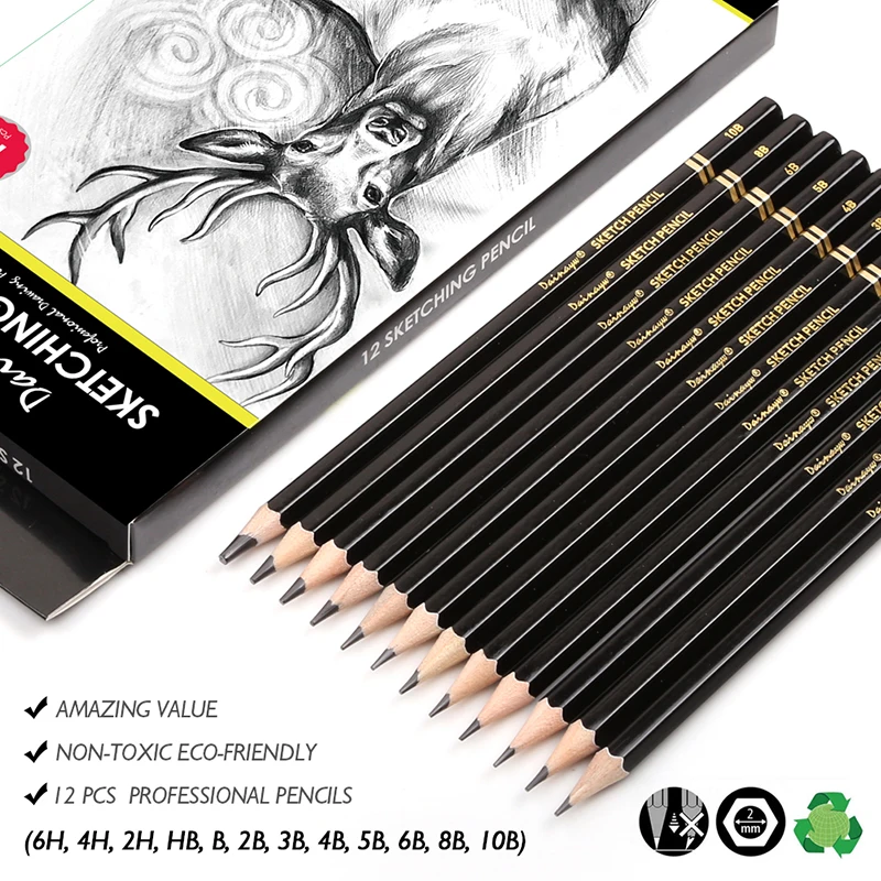 Dainayw Professional Drawing Sketching Pencil Set, 12 kusov Art ceruzky Graphite Shading Peruzky pre začiatočníkov a profesionálov