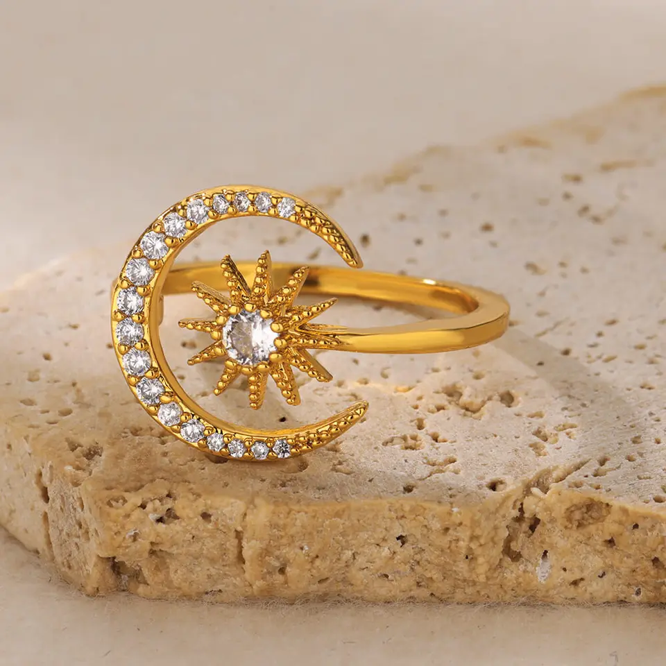 Dainty zirkónové hviezdy polmesiaca Moon Rings pre ženy z nehrdzavejúcej ocele Zlatá farba Geometrický svadobný prsteň estetické svadobné šperky