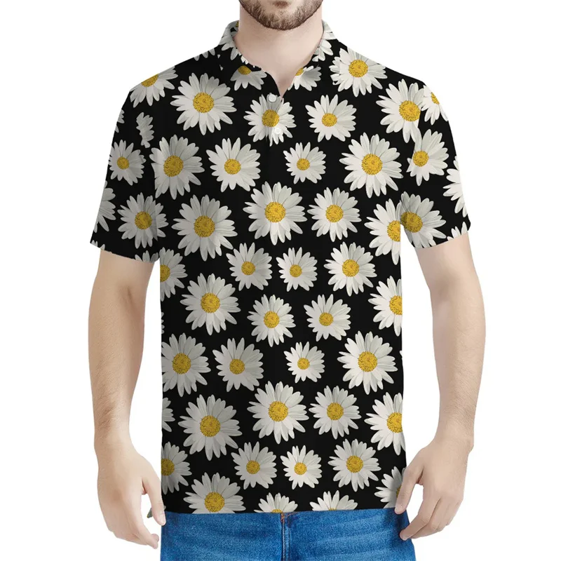 Daisy Flower 3D tlačená pólová košeľa Men letná pláž krátke rukávy Kvetinové rastliny vzorové košele dám