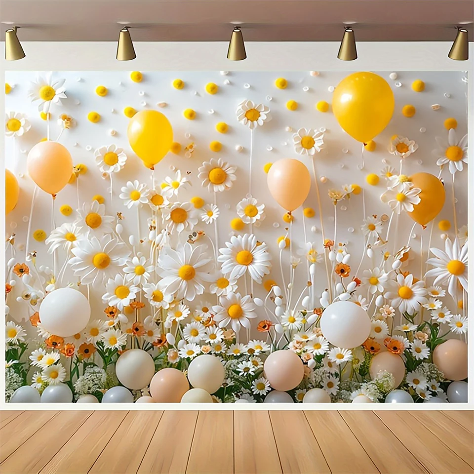 Daisy Flower Balloon Pozadie detských narodeninových oslava Detská oslava Decor Photography Pozadie bábätká Portrét Banner Studio propy