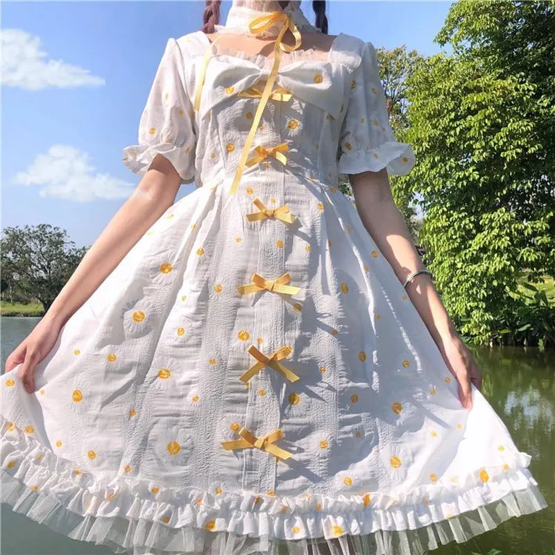 Daisy Sweet Big Bow Midi Dress Dress leto japonský štýl lolita dámske oblečenie štýlové štvorcové golierové pásy elastické šaty