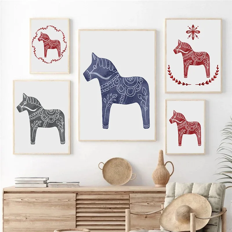 Dala Horse Swedish Scandinavian Plating Decor Decor Canvas maľba maľba obývacia izba spál