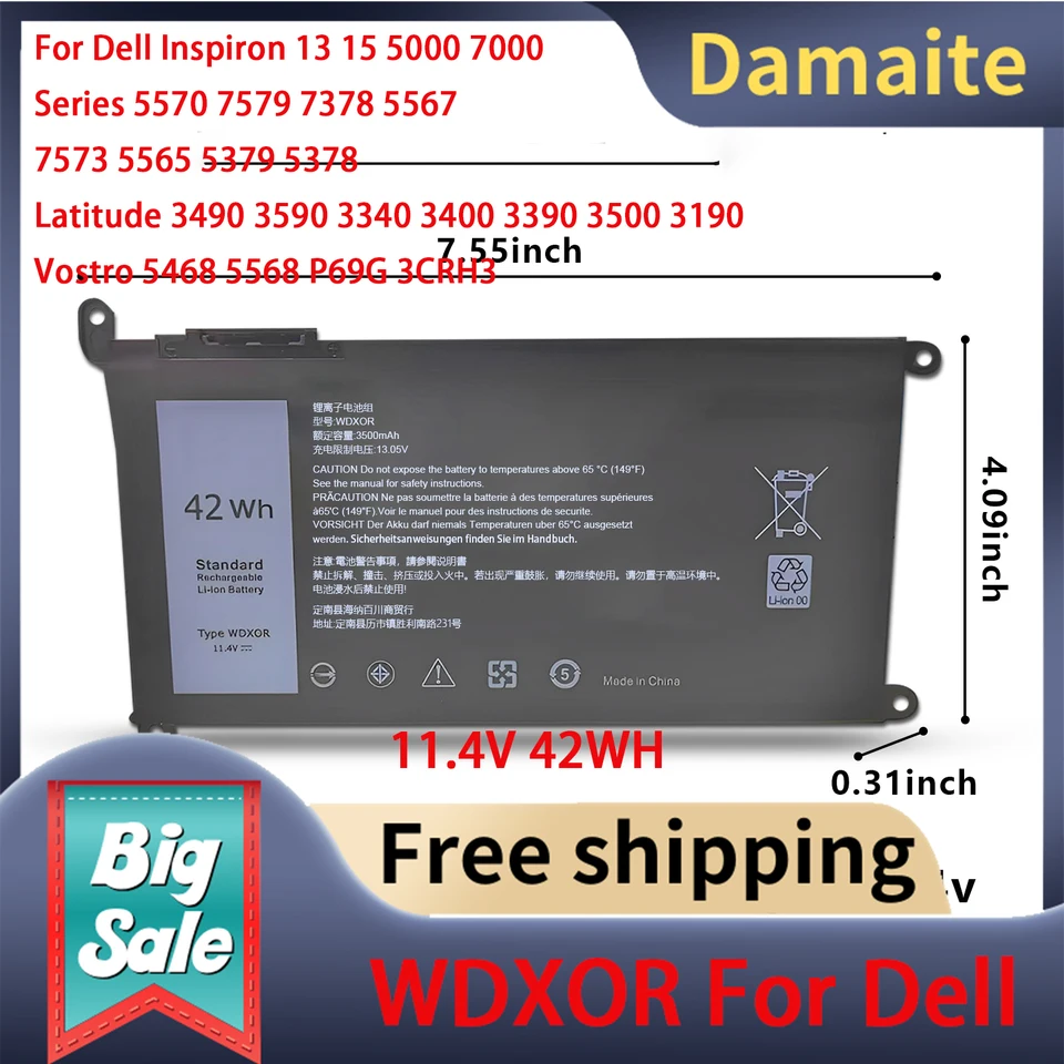 Damaite WDX0R laptop batériu náhrady pre spoločnosť Dell Inspiron 13 5 5000 7000 séria 5570 7579 7378 5567 Latitude 3490