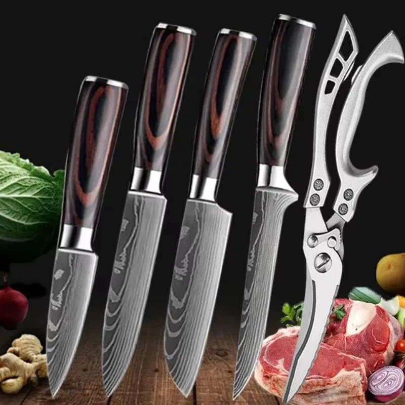 Damascus laser kuchynské nože Nožnice Japonský nôž Santoku Cife Cooking Nôž 7CR17