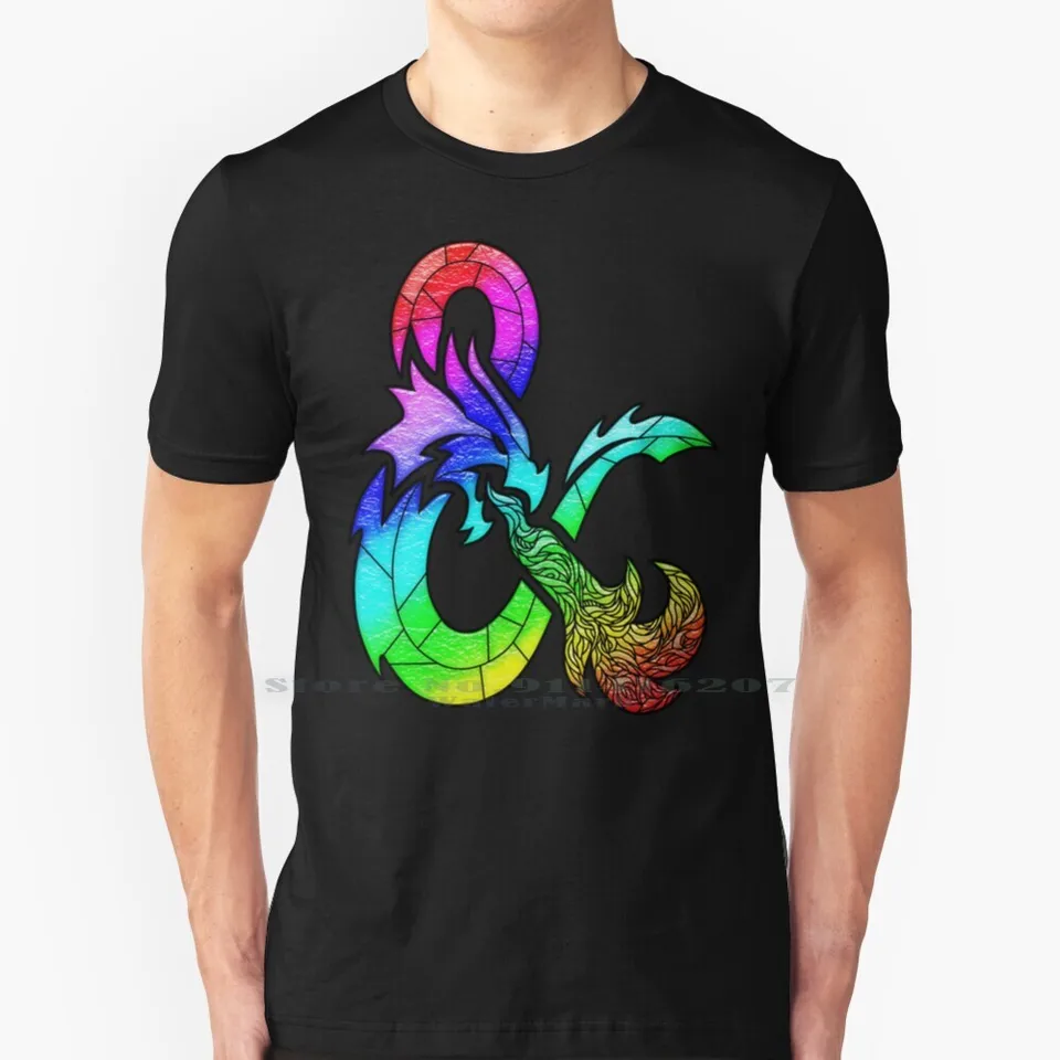 D&D farebné sklo logo Pride 100% bavlnené tričko a logo Zlaté zafarbené sklo Emblem Fire Fire Fun 5e SystemD20 setd20 setdnd