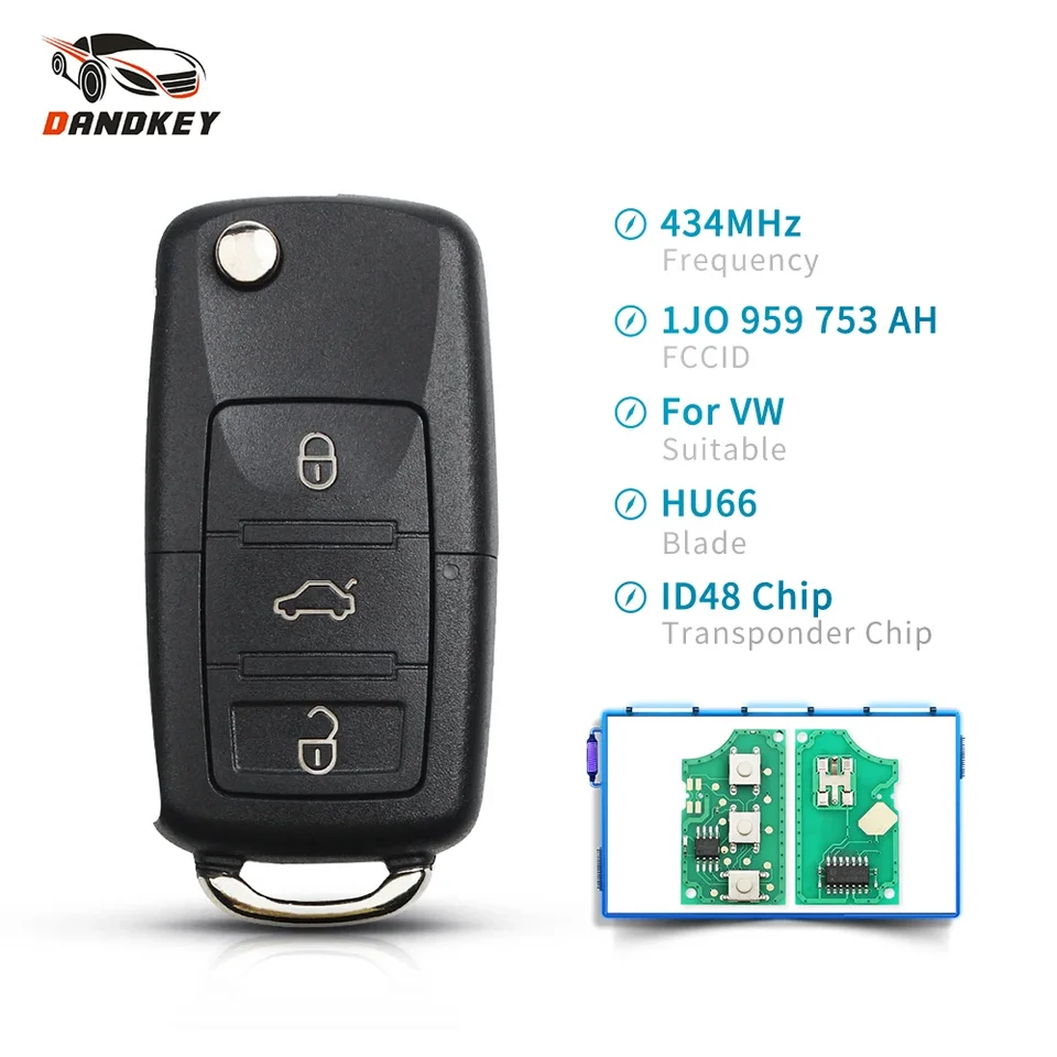 Dandkey Car 434MHz ID48 Diaľkový kľúč Chip FOB pre VW Volkswagen Passat Polo Bora Golf Skoda Seat 2005 - Flip Key 2012 1J0959753AH
