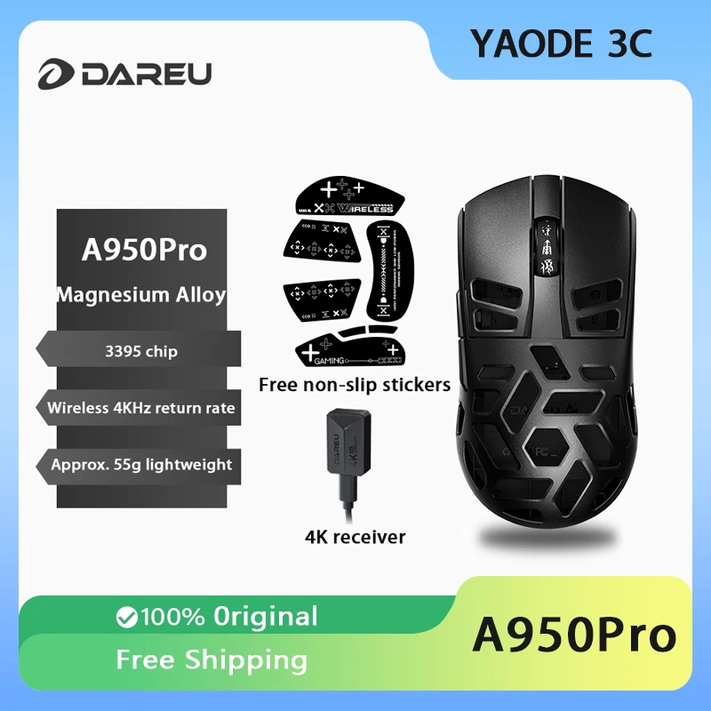 DAREU A950PRO horčík zliatiny Myš Tri-režim bezdrôtového káblového káblového kábla PAW3395 26000DPI 4K Lightweight Gaming Mouse ESports PC Príslušenstvo