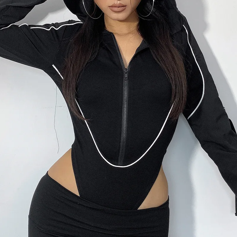 Dark Girl Motocykel vietor s kapucňou spadne Nová biela patchwork zipsová streamer s dlhým rukávom top