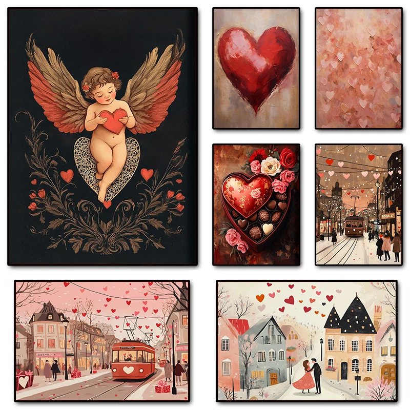 Dark Moody Valentine's Cupid so srdcom láska Amur Romantický pár plagát Plagr maľba nástenné umelecké obrázky domáce dekorácie