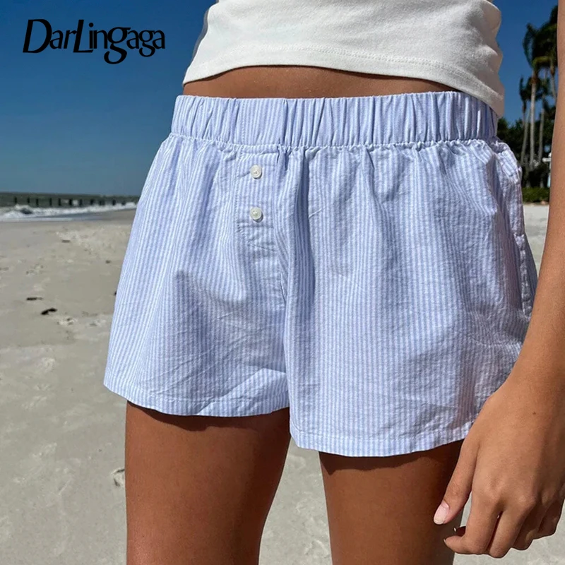 Darlingaga ležérne pruhy letné šortky womem gombíky Kórejské módy Y2K oblečenie shortpants Homwear Bottoms základné šortky nohavice