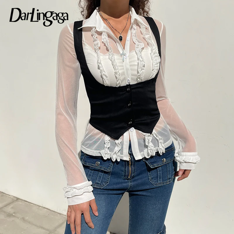Darlingaga vintage Dark Academia Breasted Korzet Top žena Harajuku Vest Jacket Cropped Tank Tops Gothic Vesy Cute Summer
