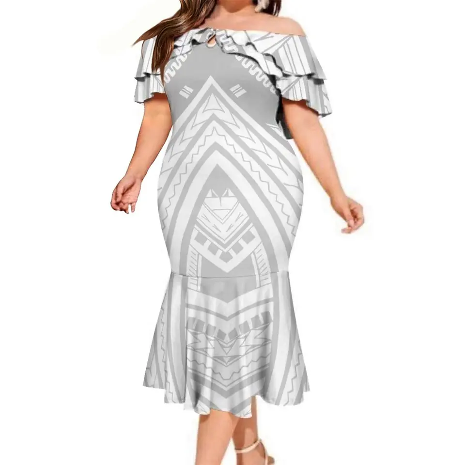 Darček matiek Polynézske šaty biele Samoan Tribal Design vrstvené Ruffle Midi Mermaid Dresses Dámske elegantné ozdobné šaty