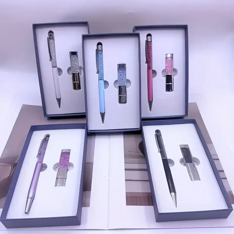Darčeková sada Vlastná laserová gravírovanie kovových kryštálových pero a blesková jednotka USB2.0 4 GB 8 GB 16 GB 32 GB 64 GB 128 GB a Box