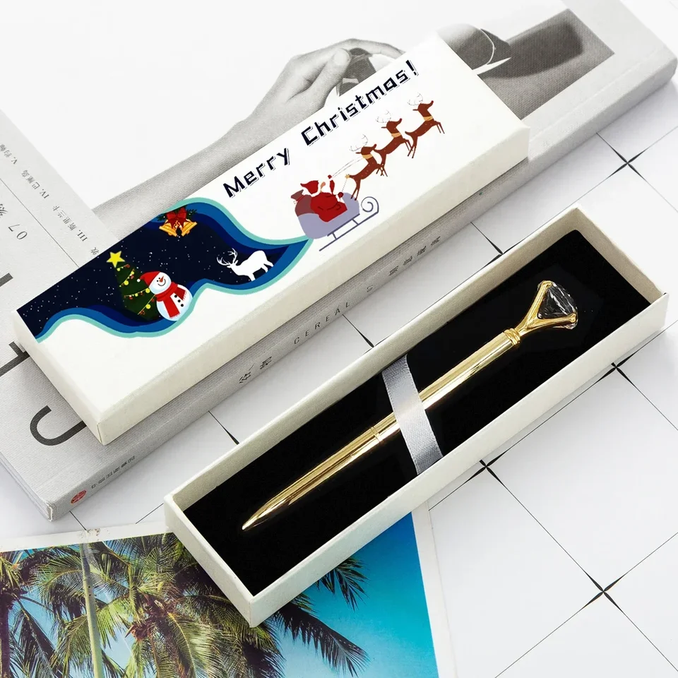 Darčekové boxy Luxusné vianočný darček Big Crystal Diamond Metal Ballpoint Ring Ring Svadobný darčekové valčeky Peny ZADARMO Vlastné logo