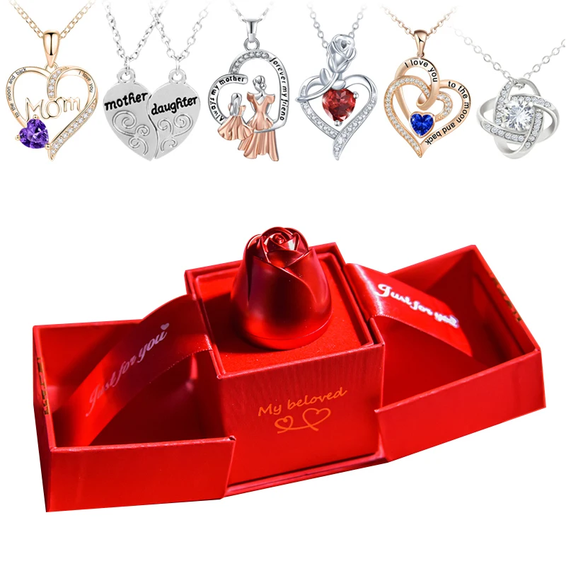 Darčeky pre jej ružový výťah šperky a krištáľová láska prívesok Náhrdelník Set Flower Box pre priateľku svadobné Vallnetine Darčeky